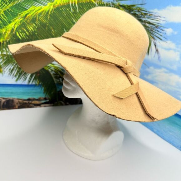 Wide Brim Camel Felt Floppy Hat w/ Bow Accent Tan Light Brown - Picture 2 of 5